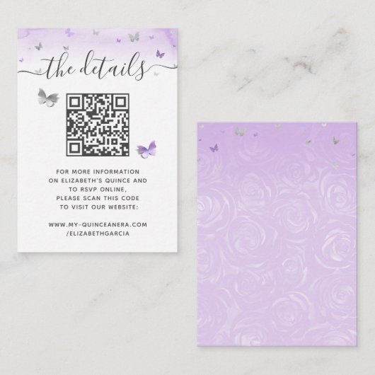 Carte D'accompagnement Code QR RSVP papillon argent violet élégant (Devant / Derrière)