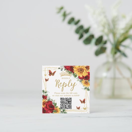 Carte D'accompagnement Code QR RSVP Roses Rouges Tournesols Quinceanera (Debout devant)