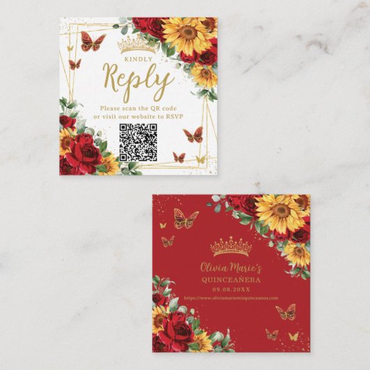 Carte D'accompagnement Code QR RSVP Roses Rouges Tournesols Quinceanera (Devant / Derrière)