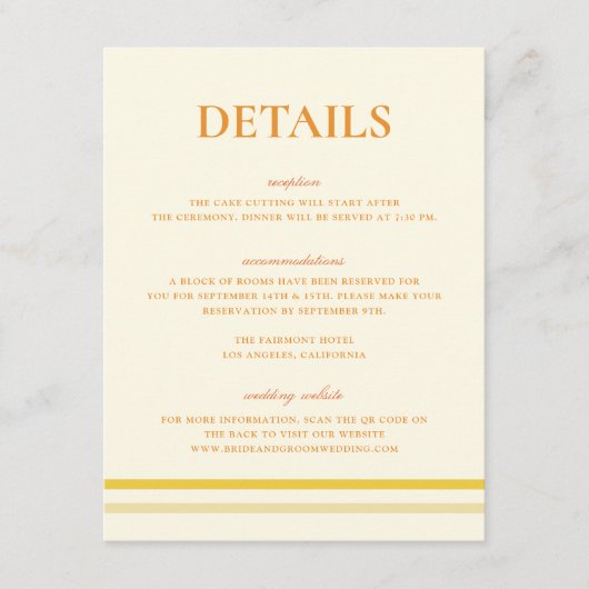 Carte D'accompagnement Code QR simple des détails de mariage jaune beurre (Devant)