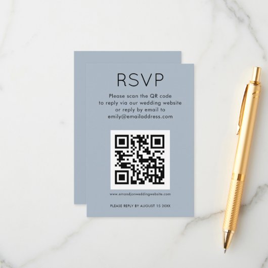 Carte D'accompagnement Code QR simple Dusty Blue Wedding RSVP (Devant/Arrière en situation)