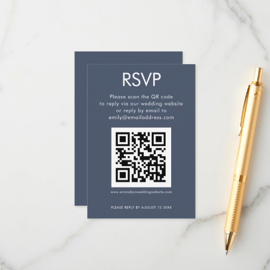 Carte D'accompagnement Code QR simple Dusty Marine Blue Wedding RSVP (Devant/Arrière en situation)