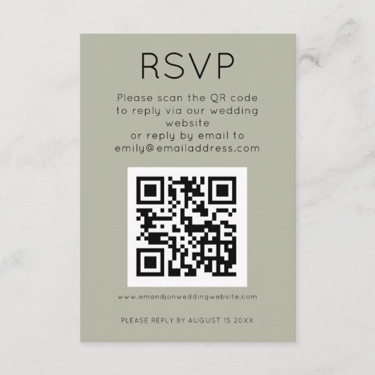 Carte D'accompagnement Code QR simple Soft Sage Wedding RSVP (Devant)