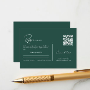 Carte D'accompagnement Code QR vert Emerald moderne Script Wedding RSVP