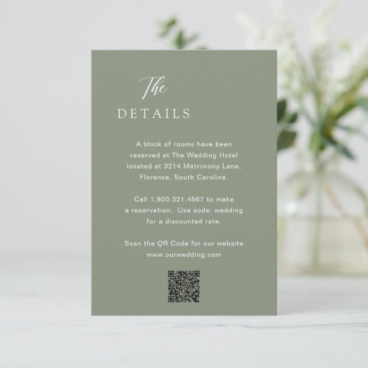 Carte D'accompagnement Code QR Vert Muet Classique Mariage Élégant (Debout devant)
