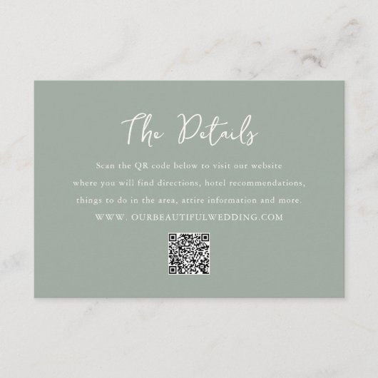 Carte D'accompagnement Code QR Vert Sauge Élégant Mariage Moderne (Devant)