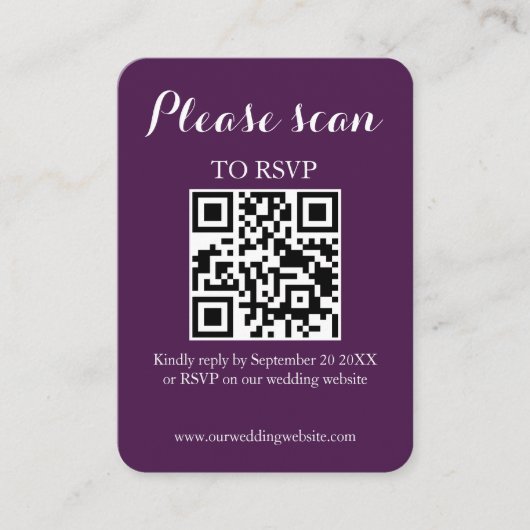 Carte D'accompagnement Code QR violet simple moderne & RSVP de mariage (Devant)