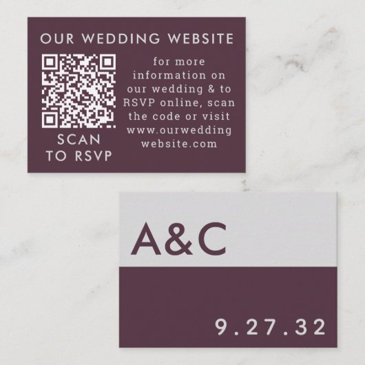 Carte D'accompagnement Code QR Web Mariage de prune et gris violet (Devant / Derrière)