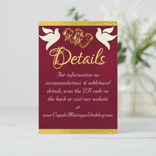 Carte D'accompagnement Coeur & Doves, Code QR - Bourgogne/Or (Debout devant)