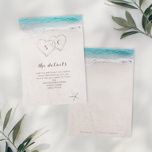 Carte D'accompagnement Coeurs dans le sable destination mariage plage