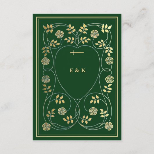 Carte D'accompagnement Coeurs floraux d'or médiéval et mariage d'épée RSV (Devant)