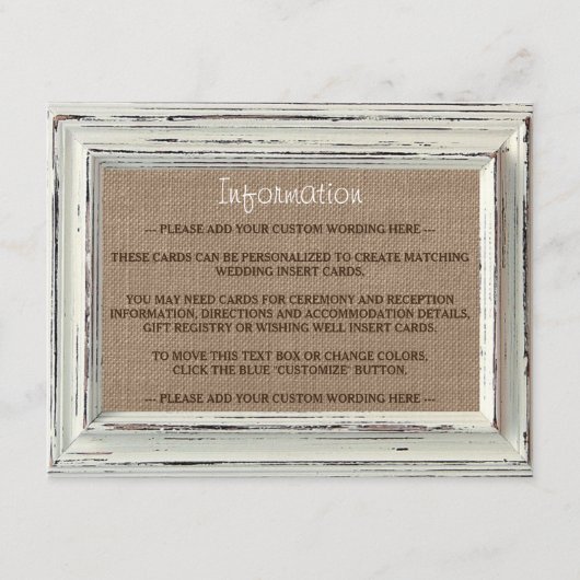 Carte D'accompagnement Collection de Mariages Rustic White Frame & Burlap (Devant)