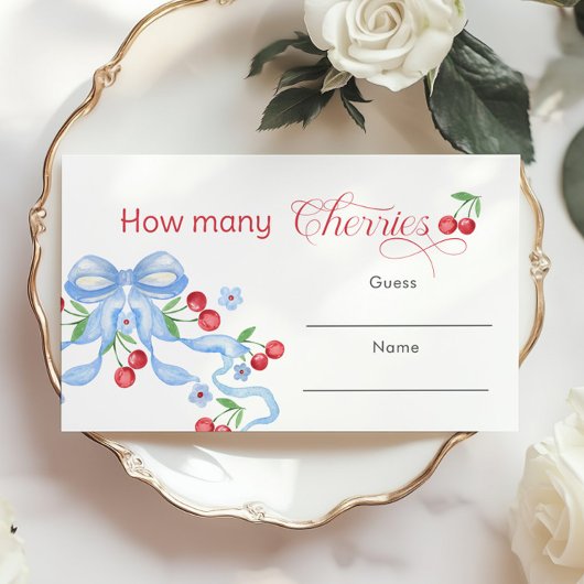 Carte D'accompagnement Combien de cerises Blue Bow Baby shower jeu