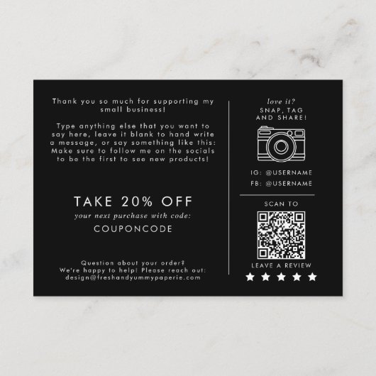 Carte D'accompagnement Commande de Merci du logo de l'entreprise Noir Chi (Dos)