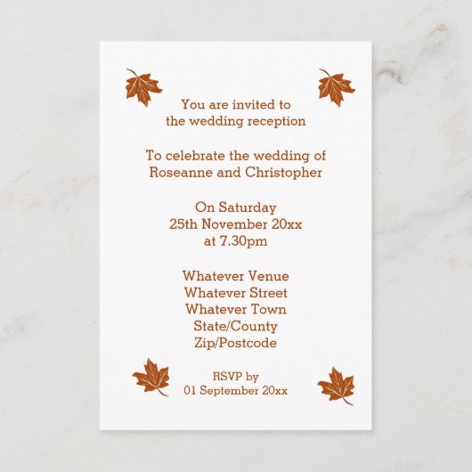 Carte D'accompagnement Conception Automne Réception de mariage (Dos)