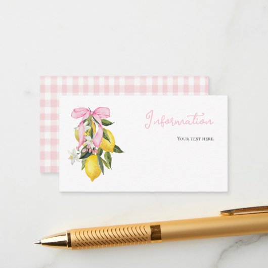 Carte D'accompagnement Coquette citron rose Bow informations sur le baby  (Devant/Arrière en situation)