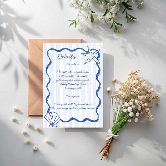 Carte D'accompagnement Coquillages bleu ondulé bordé détails de mariage