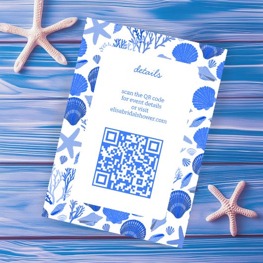 Carte D'accompagnement Coquillages Fête de Mariage Chic Bleu Plage QR PER