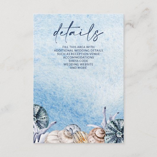 Carte D'accompagnement Coquillages Rustiques Océan Mer Eté Plage Mariage (Devant)