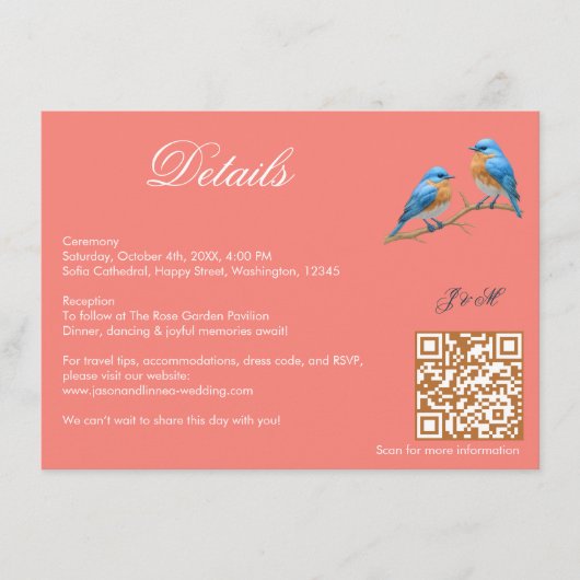 Carte D'accompagnement Coral doux Lovebirds Romantique Bluebirds Mariage (Devant)