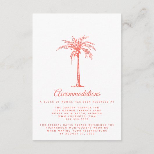 Carte D'accompagnement Coral Palm Tree Beach Mariage Hébergements (Devant)