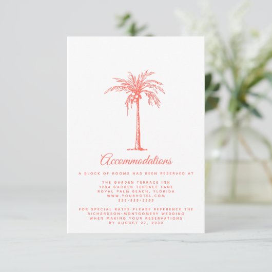 Carte D'accompagnement Coral Palm Tree Beach Mariage Hébergements (Debout devant)