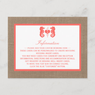 Carte D'accompagnement Coral Seahorse Burlap Beach Wedding Collection