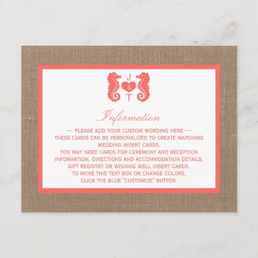 Carte D'accompagnement Coral Seahorse Burlap Beach Wedding Collection (Devant)