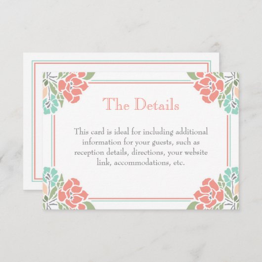 Carte D'accompagnement Coral Turquoise vert moderne Mariage floral (Devant / Derrière)