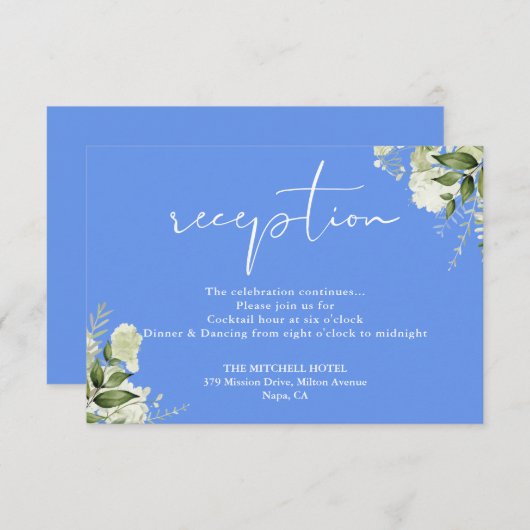Carte D'accompagnement Cornflower Blue Greenery Script Mariage Réception (Devant / Derrière)