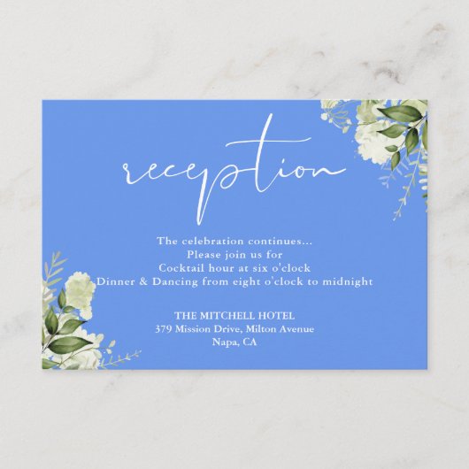Carte D'accompagnement Cornflower Blue Greenery Script Mariage Réception (Devant)
