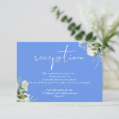 Carte D'accompagnement Cornflower Blue Greenery Script Mariage Réception (Debout devant)