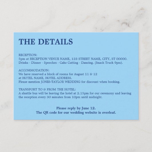 Carte D'accompagnement Cornflower Blue QR Code Détails du Mariage (Devant)