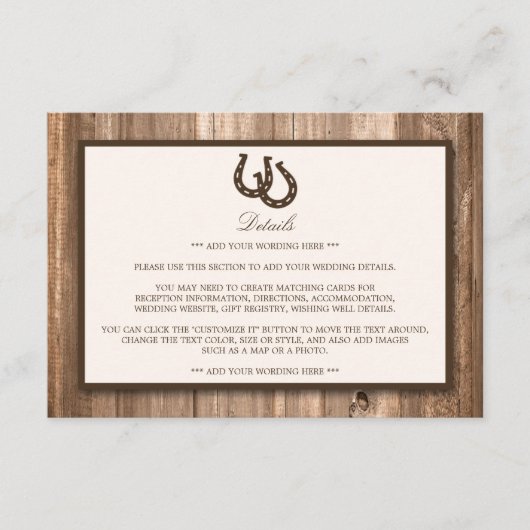 Carte D'accompagnement Country Rustic Horseshoe & Brown Wood Mariage (Devant)