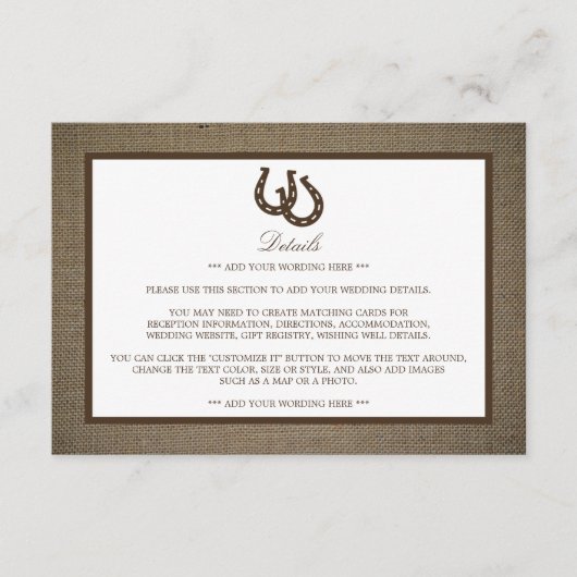 Carte D'accompagnement Country Rustic Horseshoe On Burlap Mariage Détail (Devant)