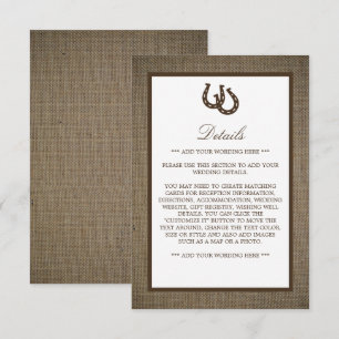 Carte D'accompagnement Country Rustic Horseshoe On Burlap Mariage Détail