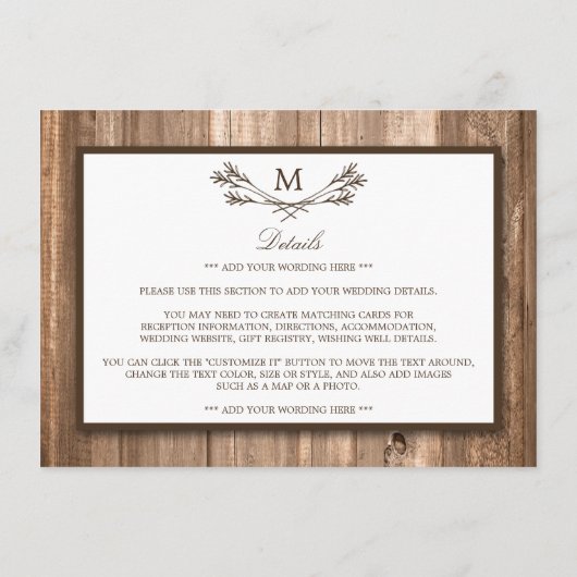 Carte D'accompagnement Country Rustic Monogram Branch & Wood Detail Card (Dos)