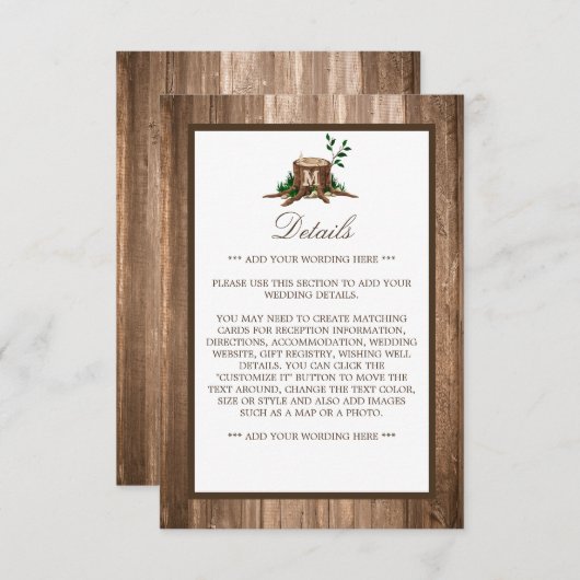 Carte D'accompagnement Country Rustic Monogram Tree & Wood Mariage Détail (Devant / Derrière)