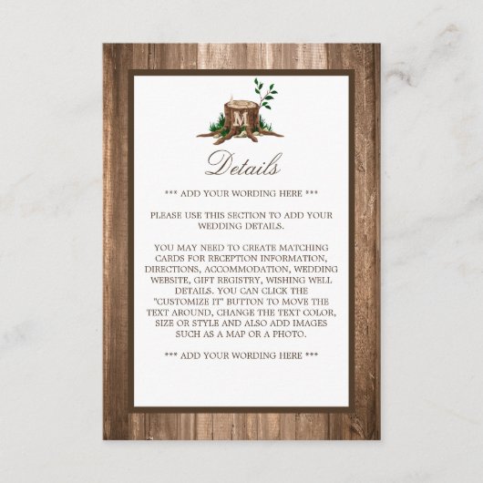 Carte D'accompagnement Country Rustic Monogram Tree & Wood Mariage Détail (Devant)