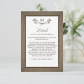 Carte D'accompagnement Country Rustic Monogramme Branche & Mariage Burlap (Debout devant)