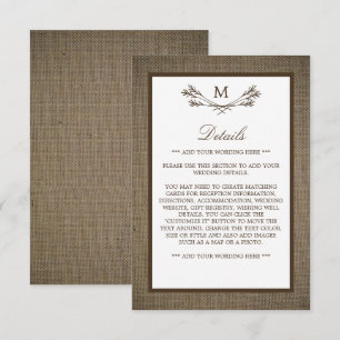 Carte D'accompagnement Country Rustic Monogramme Branche & Mariage Burlap