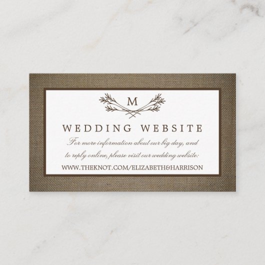 Carte D'accompagnement Country Rustic Monogramme Branche & Mariage Burlap (Devant)