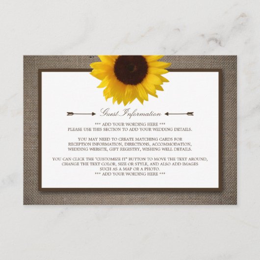 Carte D'accompagnement Country Rustic Tournesol & Mariage Burlap (Devant)