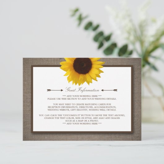 Carte D'accompagnement Country Rustic Tournesol & Mariage Burlap (Debout devant)