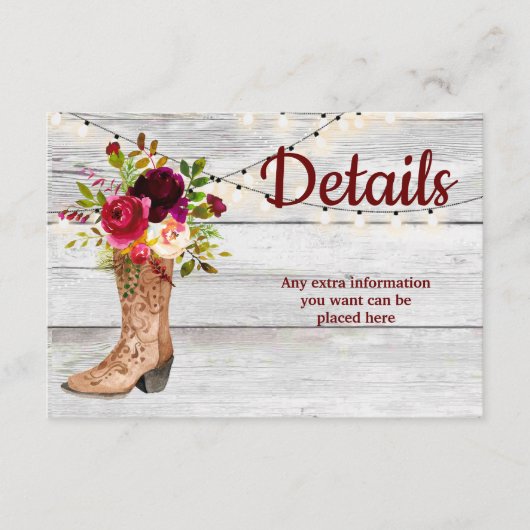 Carte D'accompagnement Country Western Boot Boho Rustic Marsala Détails (Devant)