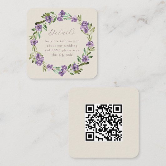 Carte D'accompagnement Couronne botanique violette Code QR Mariage (Devant / Derrière)