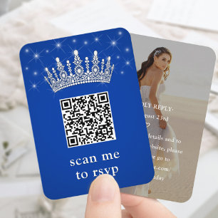 Carte D'accompagnement Couronne de Quinceañera Bleu Royal & Étoiles QR RS