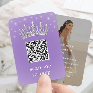 Carte D'accompagnement Couronne de Quinceañera QR RSVP Violet Lilas & Pho