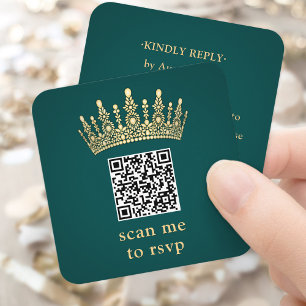 Carte D'accompagnement Couronne dorée Quinceañera vert foncé Scannez-moi