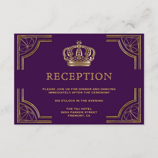 Carte D'accompagnement Couronne ornée d'or violet royal pour réception (Devant)
